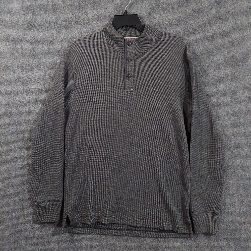Relwen Sweater Mens Medium Gray Cotton Waffle Knit Henley Mock Neck Pullover